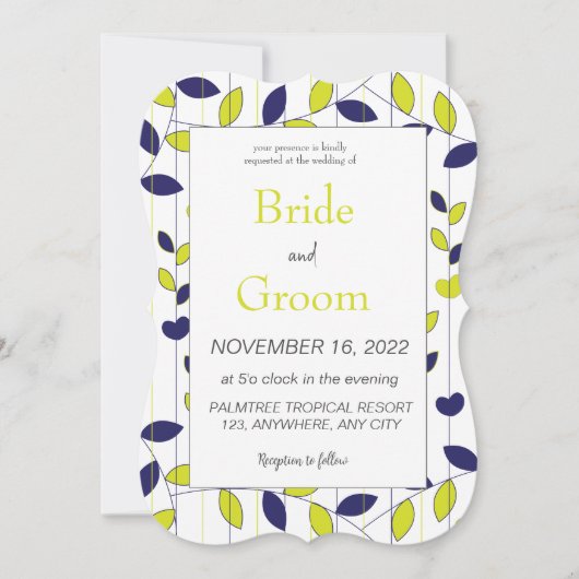 Invitation Mariage aux Feuilles Tropicales Bleu Vert (Devant)