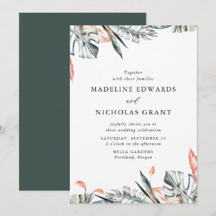 Invitation Mariage aux feuilles tropicales corail et vertes a