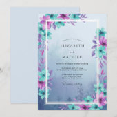 Invitation Mariage aux Feuilles Turquoise Violet (Devant / Derrière)