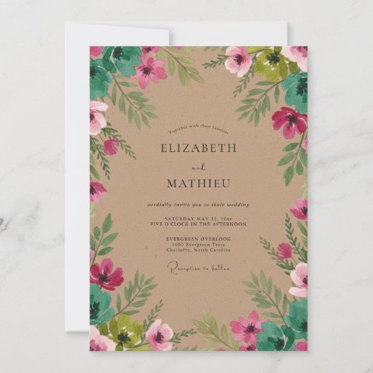 Invitation Mariage aux feuilles vertes et roses (Devant)