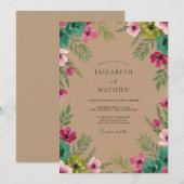 Invitation Mariage aux feuilles vertes et roses (Devant / Derrière)