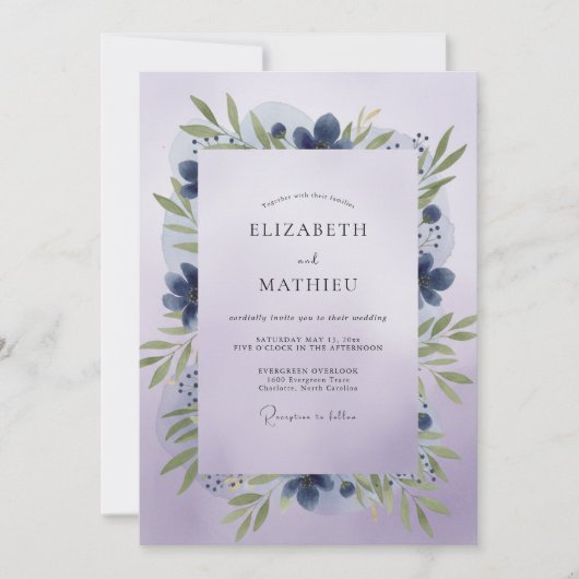 Invitation Mariage aux Feuilles Violettes Indigo (Devant)