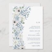 Invitation Mariage aux fleurs bleues monogrammées (Devant)