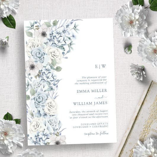 Invitation Mariage aux fleurs bleues monogrammées