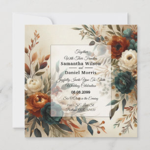 Invitation Mariage aux fleurs d'automne orange brûlé et bleu