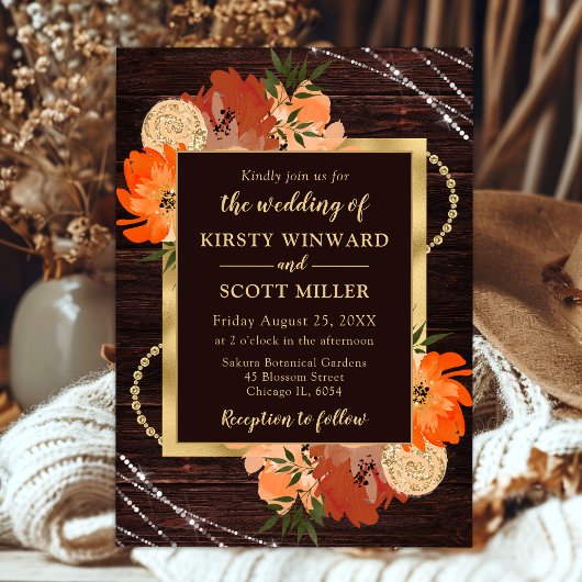 Invitation Mariage aux fleurs d'automne orange brûlé rustique