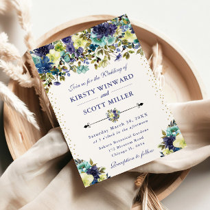 Invitation Mariage aux fleurs d'été bleues et navy