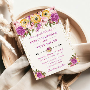Invitation Mariage aux fleurs d'été roses et jaunes