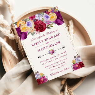 Invitation Mariage aux fleurs d'été violettes et rouges