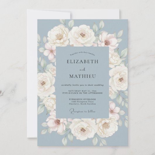 Invitation Mariage aux Fleurs Painterly Bleu Poussiéreux (Devant)