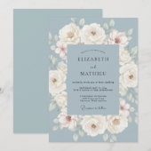 Invitation Mariage aux Fleurs Painterly Bleu Poussiéreux (Devant / Derrière)