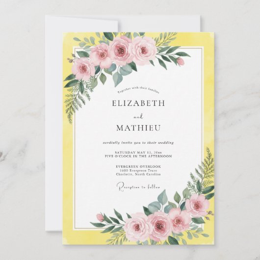 Invitation Mariage aux Fleurs Roses Citron (Devant)