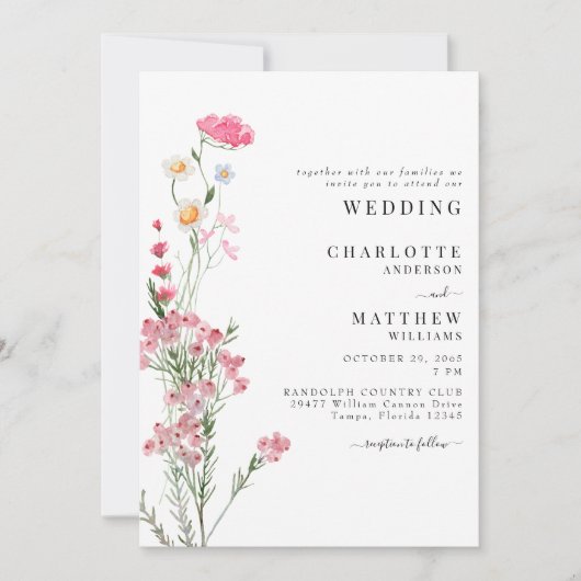 Invitation Mariage aux fleurs sauvages aquarelle rose (Devant)