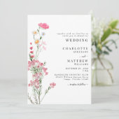 Invitation Mariage aux fleurs sauvages aquarelle rose (Debout devant)