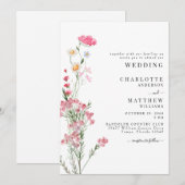 Invitation Mariage aux fleurs sauvages aquarelle rose (Devant / Derrière)