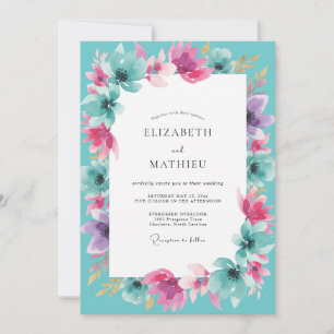 Invitation Mariage aux fleurs sauvages cyan magenta