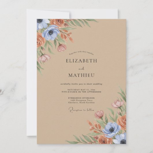 Invitation Mariage aux fleurs sauvages d'argile (Devant)