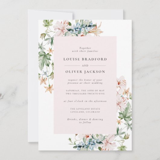 Invitation Mariage aux fleurs sauvages roses (Devant)