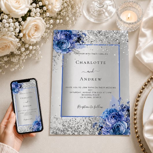 Invitation Mariage aux florales bleu argent