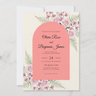 Invitation Mariage aux fougères aquarelle corail