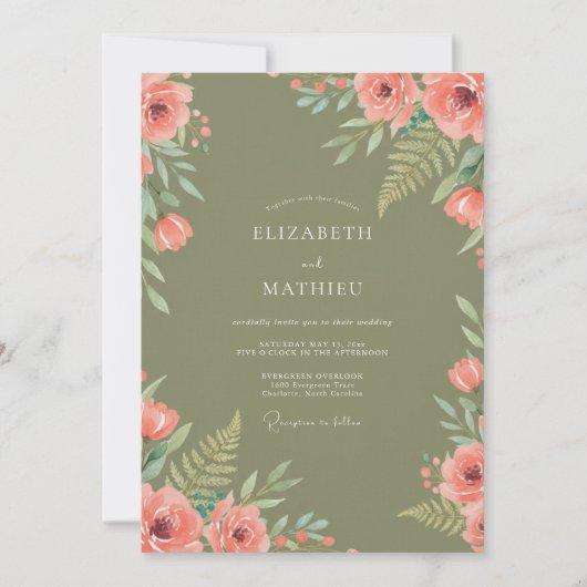 Invitation Mariage aux fougères corail olive (Devant)