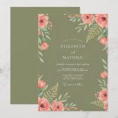 Invitation Mariage aux fougères corail olive (Devant / Derrière)