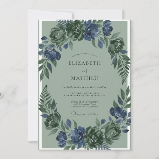 Invitation Mariage aux fougères de mousse indigo (Devant)