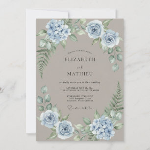 Invitation Mariage aux fougères et hydrangeas taupe