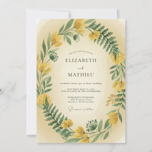 Invitation Mariage aux fougères jaune moutarde (Devant)