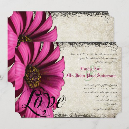 Invitation Mariage aux Gérbera Rose Fuchsia (Devant / Derrière)