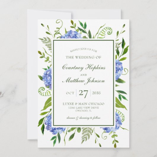 Invitation Mariage aux Hortensias Bleus (Devant)