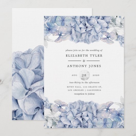Invitation Mariage aux Hortensias Bleus (Devant / Derrière)