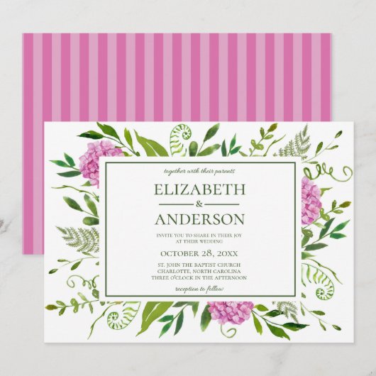 Invitation Mariage aux Hortensias Roses (Devant / Derrière)