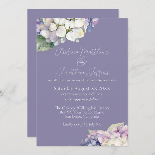 Invitation Mariage aux Hortensias Violettes et Blancs sur Fon (Devant / Derrière)