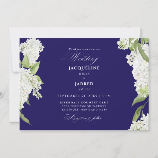 Invitation Mariage aux Hydrangeas Bleu Marine & Blanc (Devant)