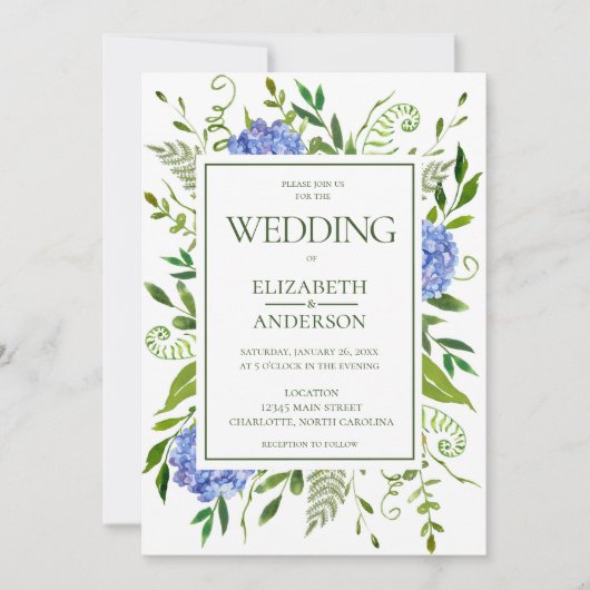 Invitation Mariage aux Hydrangeas Bleus (Devant)