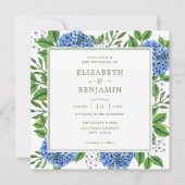 Invitation Mariage aux Hydrangeas Bleus et Rayures Vertes Mod (Devant)