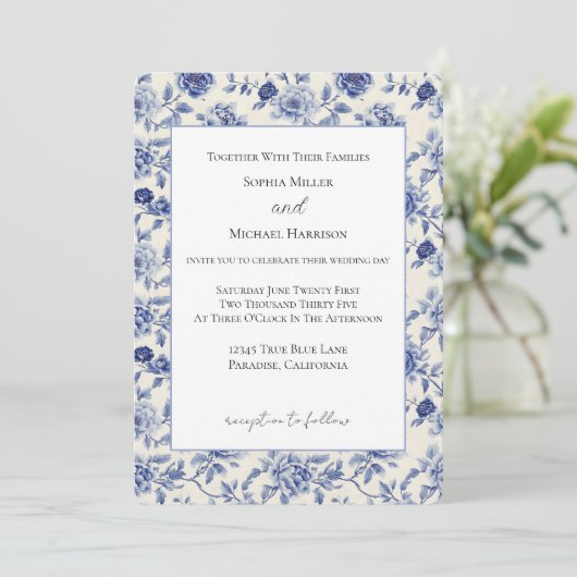 Invitation Mariage aux jolies fleurs bleues (Debout devant)