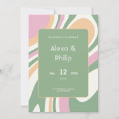 Invitation Mariage aux lignes rose, vert et crème (Devant)