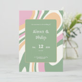 Invitation Mariage aux lignes rose, vert et crème (Debout devant)