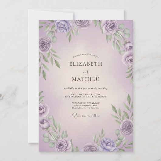 Invitation Mariage aux Lilas Lavande Feuillus (Devant)