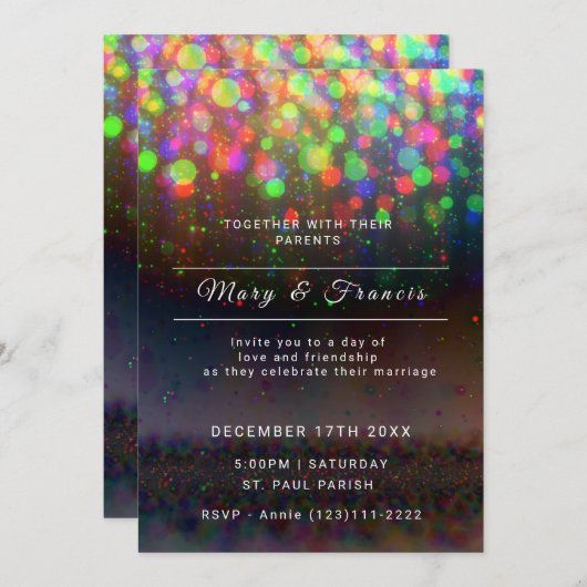 Invitation Mariage aux lumières noires et arc-en-ciel et pail (Devant / Derrière)