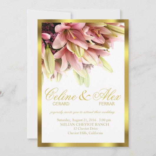 Invitation Mariage aux lys calla roses enlaçés floraux (Devant)