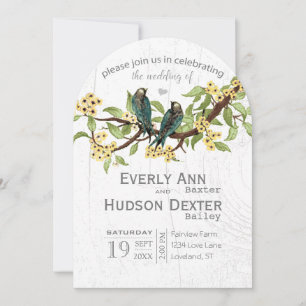 Invitation Mariage aux oiseaux vintage gris jaune et bleu-ver