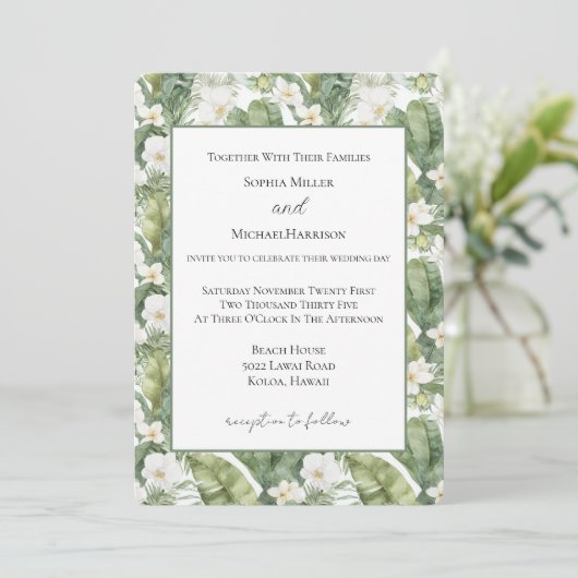 Invitation Mariage aux Orchidées Blanches et Feuilles Vertes (Debout devant)