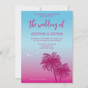Invitation Mariage aux palmiers tropicaux rose et bleu