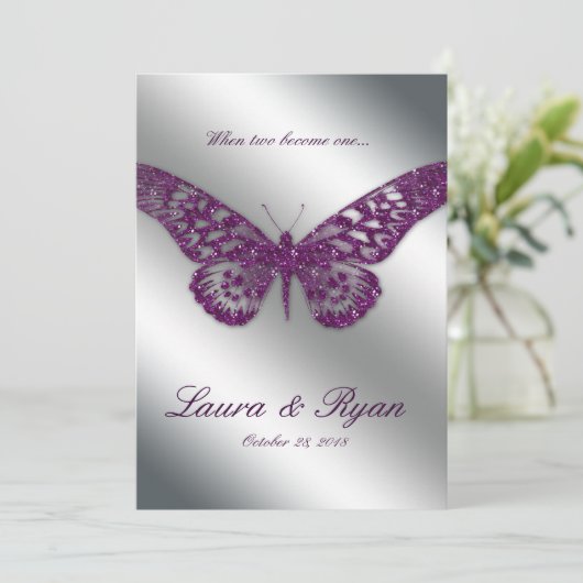 Invitation Mariage aux papillons Inviter Sparkle Purple Argen (Debout devant)