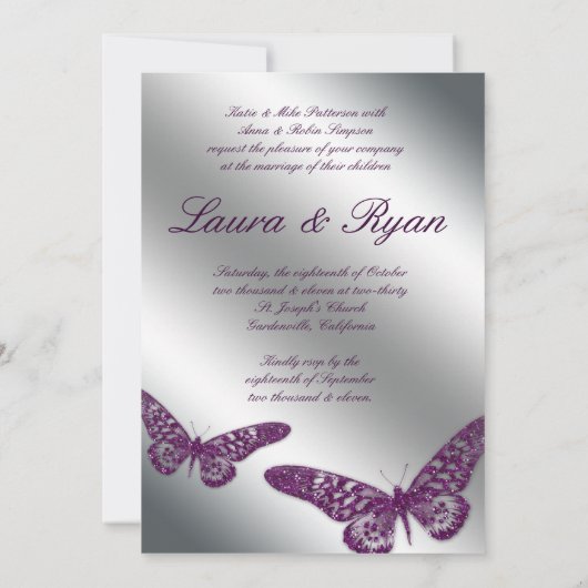 Invitation Mariage aux papillons Inviter Sparkle Purple Argen (Dos)