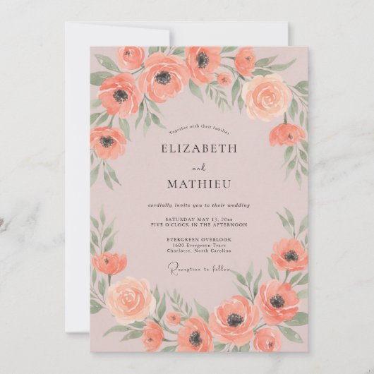 Invitation Mariage aux Pavots Corail Feuillus (Devant)