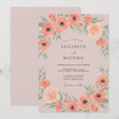 Invitation Mariage aux Pavots Corail Feuillus (Devant / Derrière)